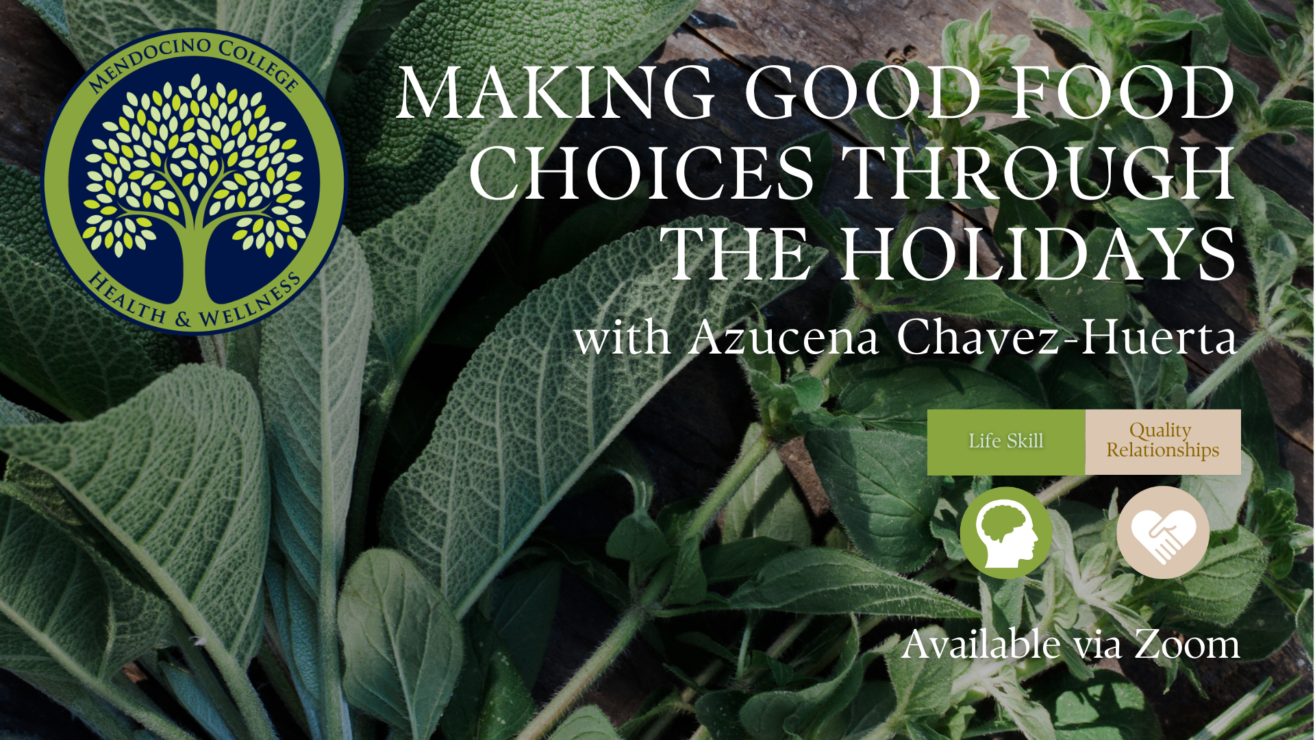 Banner promoting Making Good Food Choices through the Holidays workshop. Contains a close-up of fresh, green herbs in the background with text and Health & Wellness logo in the foreground.