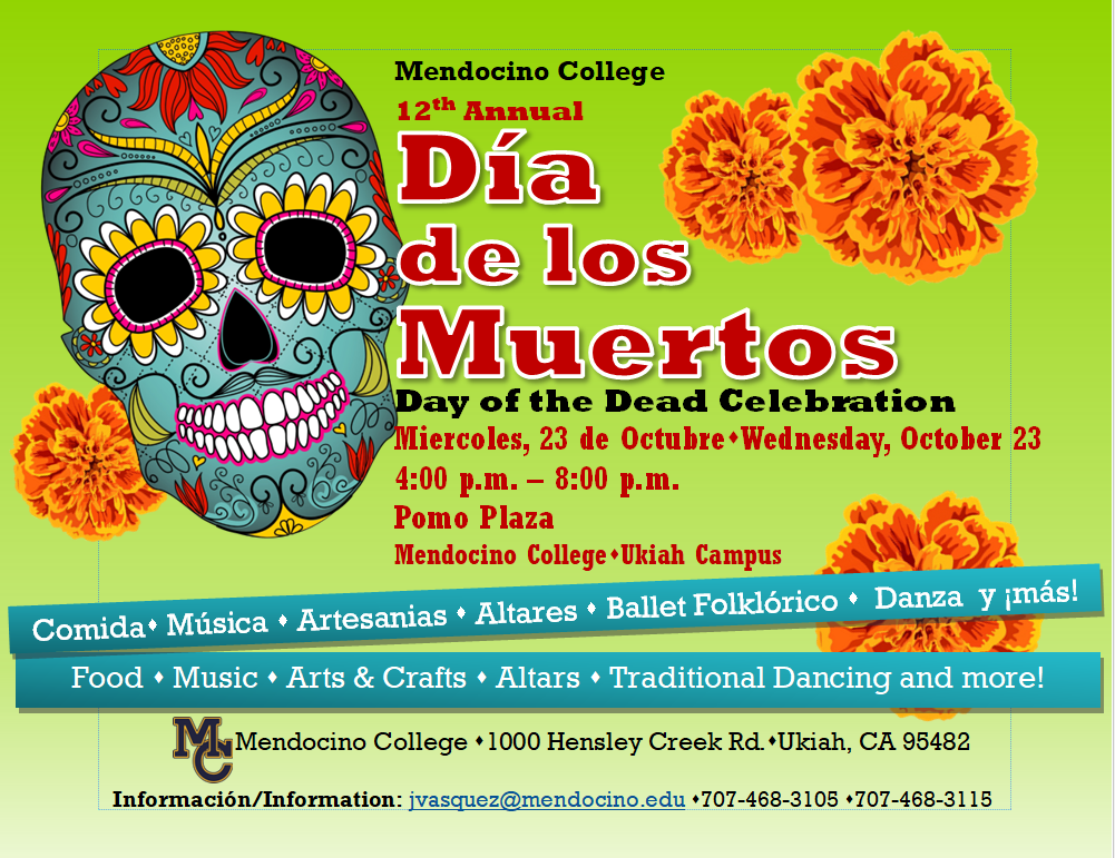 Dia de los Muertos event banner with brightly colored sugar skull and marigolds