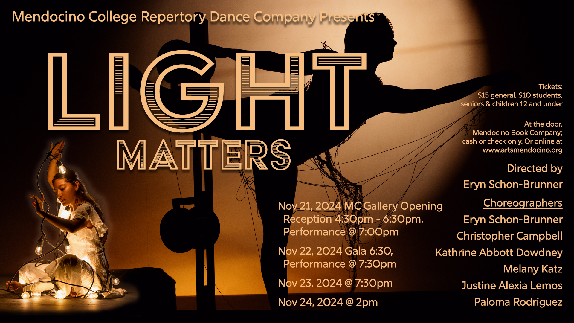 Light Matters promotional graphic with dramatically lit dancers in background with title text in the foreground