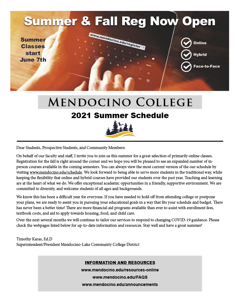 Class Schedule Mendocino College