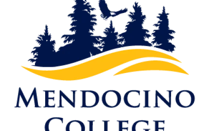 Mendocino College logo containing silhouette of trees and a soaring eagle over text