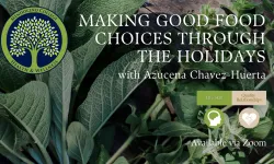 Banner promoting Making Good Food Choices through the Holidays workshop. Contains a close-up of fresh, green herbs in the background with text and Health & Wellness logo in the foreground.