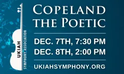 Banner promoting the Ukiah Symphony Orchestra's Copeland the Poetic event. Contains text and USO's logo in the foreground in bright white with a cool blue background with musical notes.