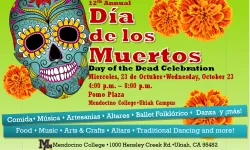 Dia de los Muertos event banner with brightly colored sugar skull and marigolds