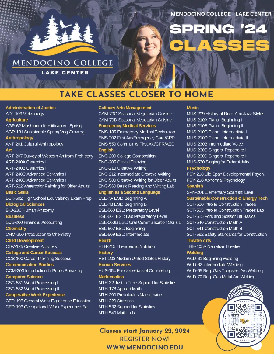 Flyer with list of classes for Spring 2024 for the Mendocino College Lake Center