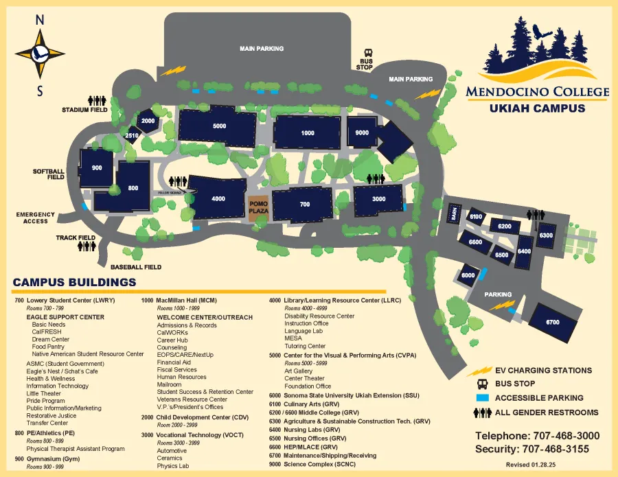 Map of the Mendocino College Ukiah Campus dated 1-28-2025